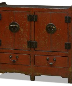 Vintage Elmwood Distressed Vermillion Red Altar Style Oriental Cabinet