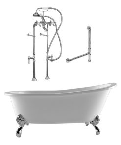 61" Cast Iron Slipper Bathtub, Telephone Freestanding Faucet Plumbing PKG- CH