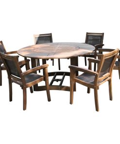 7-Piece Eucalyptus Dining Set With Stacking Armchairs and Built-In Lazy Susan