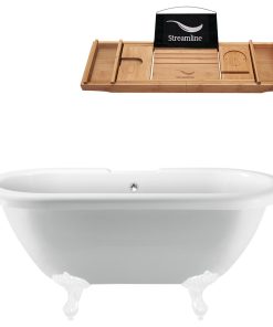 67" White Clawfoot Tub and Tray, White Feet, Chrome External Drain