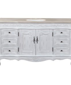 60 Inch Large Distressed White Bathroom Vanity, Single Sink, Marble, Traditional