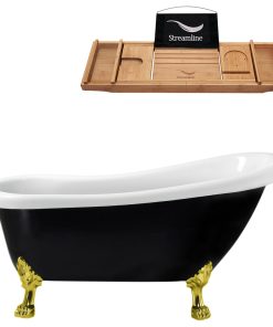 61" Black Clawfoot Tub and Tray, Gold Feet, Chrome Internal Drain