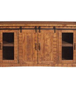 Traditional TV Stand, Pine Wood Construction With Sliding Doors, Honey Tobacco