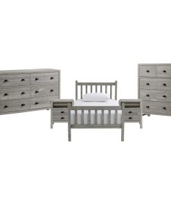 Windsor 5-Piece Bedroom Set With Slat, Driftwood White, Twin, Driftwood Gray, Tw