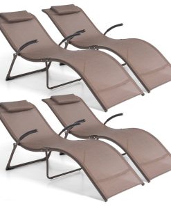 4-Piece Outdoor Patio Portable Folding Reclining Chaise Lounge Chairs, Brown