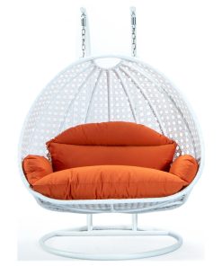 2 Person White Wicker Double Hanging Egg Swing Chair, Orange