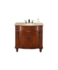 36 Inch Cherry Brown Bathroom Vanity with Single Sink, Travertine, Traditional