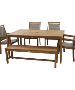 6-Piece Eucalyptus Dining Set With Grey Wicker Stacking Armchairs