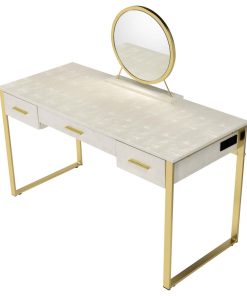 3 Drawers Vanity Desk With Mirror, Antique White and Champagne