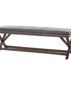 59" Edgardo Bench Ottoman Top grain Leather Nettle Wood Iron Durango Smoke