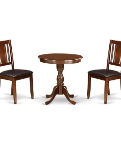3 Pieces Dining Set, Faux Leather Cushioned Chairs With Patterned Back, Mahogany