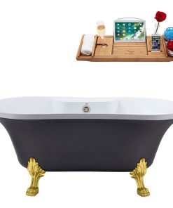 60" Streamline N105GLD-BNK Soaking Clawfoot Tub and Tray With External Drain