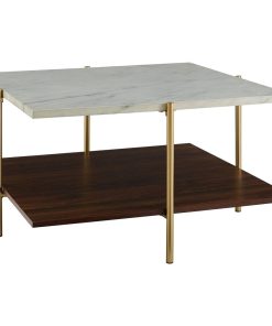 2-Piece Square Coffee Table Set, White Faux Marble/Gold