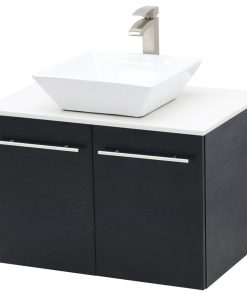 24" Wall Mount Vanity, White Stone Countertop, Black