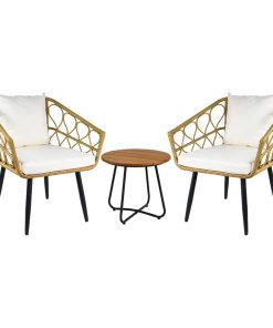 3 Pieces Patio Set, All Weather Cushioned Faux Rattan Chairs & Round Table, Tan