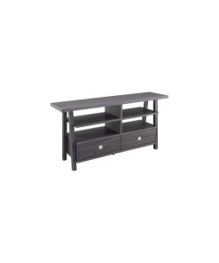 Transitional Wooden TV Stand with 4 Open Shelves and 2 Drawers, Gray