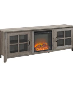 70" Farmhouse Wood Fireplace TV Stand with Glass Doors - Grey Wash