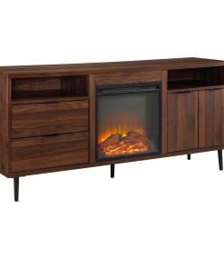 60" Modern Storage Fireplace Console, Dark Walnut
