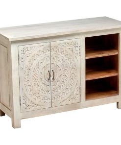 46" Antique White Distressed Hand Carved Mango Wood TV Stand Media Console