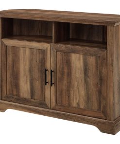 Traditional Corner TV Stand, Grooved Doors and Adjustable Shelves, Rustic Oak