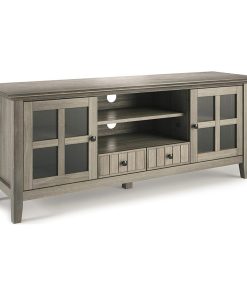 Transitional TV Stand, Window Glass Doors and 2 Storage Drawers, Distressed Grey