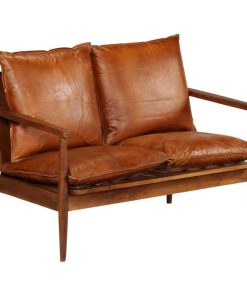 vidaXL 2-Seater Sofa Real Leather with Acacia Wood Brown Chair Seat Furniture