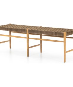 57" Wide Silvestro Bench Slim Solid Oak Legs Woven Top Grain Coffee Leather