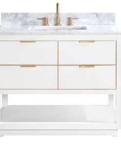 43" Vanity Combo, White, Matte Gold, 1" White Marble Countertop, Backsplash