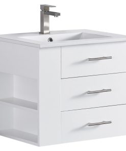 24" Left Side Shelf Vanity Wood Body With Premium White Ceramic, White