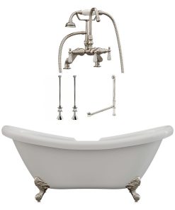 68" Double Slipper Clawfoot Tub, Deck Mount Plumbing Package, Brushed Nickel