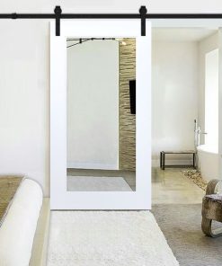 White Primed Mirror Sliding Barn Door with Hardware Kit., Carbon Steel Hardware,