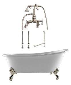 61" Cast Iron Slipper Bathtub, Gooseneck Faucet Deck Mount Plumbing PKG- BN