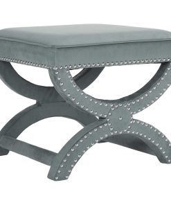 Unique Ottoman, Upholstered Design With Geometric Base & Nailhead Trim, Blue