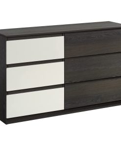 Unique Double Dresser, 3 Small and 3 Large Drawers, Charcoal Ash & Pearl Oak