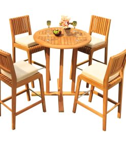 5-Piece Outdoor Patio Teak Bar Set: 36" Round Table, 4 Maldives Armless Chairs