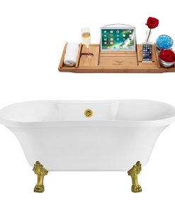 60" Streamline N100BGL-GLD Soaking Clawfoot Tub and Tray With External Drain
