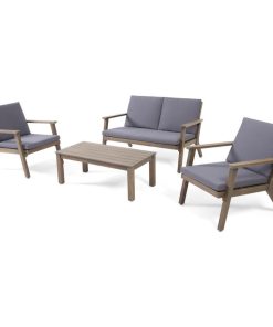 Temecula Outdoor Acacia Wood 4 Seat Chat Set With Cushions, Gray Finish and Dark
