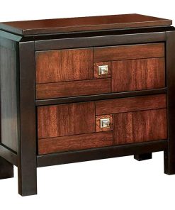 Transitional Nightstand, 2 Drawers With Acacia Geometric Pattern & Chrome Knobs
