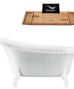59" White Clawfoot Tub and Tray, White Feet, Chrome Internal Drain
