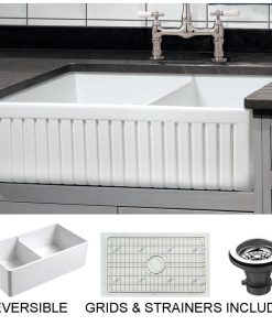 Sutton Place Reversible Farmhouse 55/45 Double Bowl Sink, Grid, Strainer, 33"