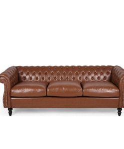 Vita Chesterfield Tufted Faux Leather Sofa, Cognac Brown, Dark Brown