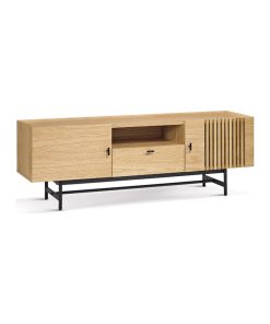 70" Nordic Natural TV Stand Oak Media Console With Open Storage and Retro Pulls