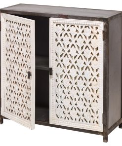 40" Square Whitewashed Hand Carved Accent Cabinet Modern Coastal