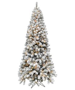 12' Flocked Alaskan Pine Christmas Tree With Clear LED String Lighting