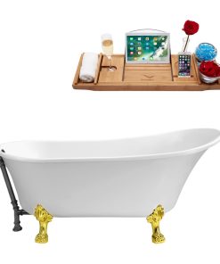 59" Streamline N341GLD-BGM Soaking Clawfoot Tub and Tray With External Drain