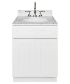 24" Bathroom Vanity, Cara White Marble Top, Faucet LB7B, Alpina White