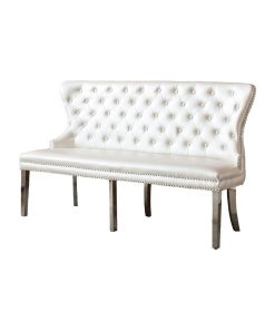 White Faux Leather Beach with Tufted Seat and Silver Stainless Steel Legs