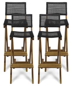 Ula Outdoor Folding Acacia Wood Barstools, Set of 4, Teak/Brown