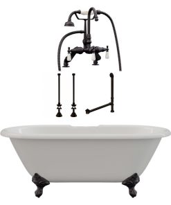 60" Cast Iron Double Ended Clawfoot Tub Gooseneck Deck Mount Plumbing PKG- ORB