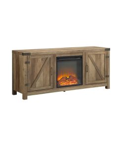 58" Barn Door Fireplace TV Stand, Rustic Oak